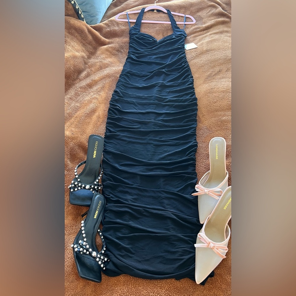 NWT Bow Detail Halter Neck Bodycon Ruched Mesh Maxi Dress - Picture 3 of 11